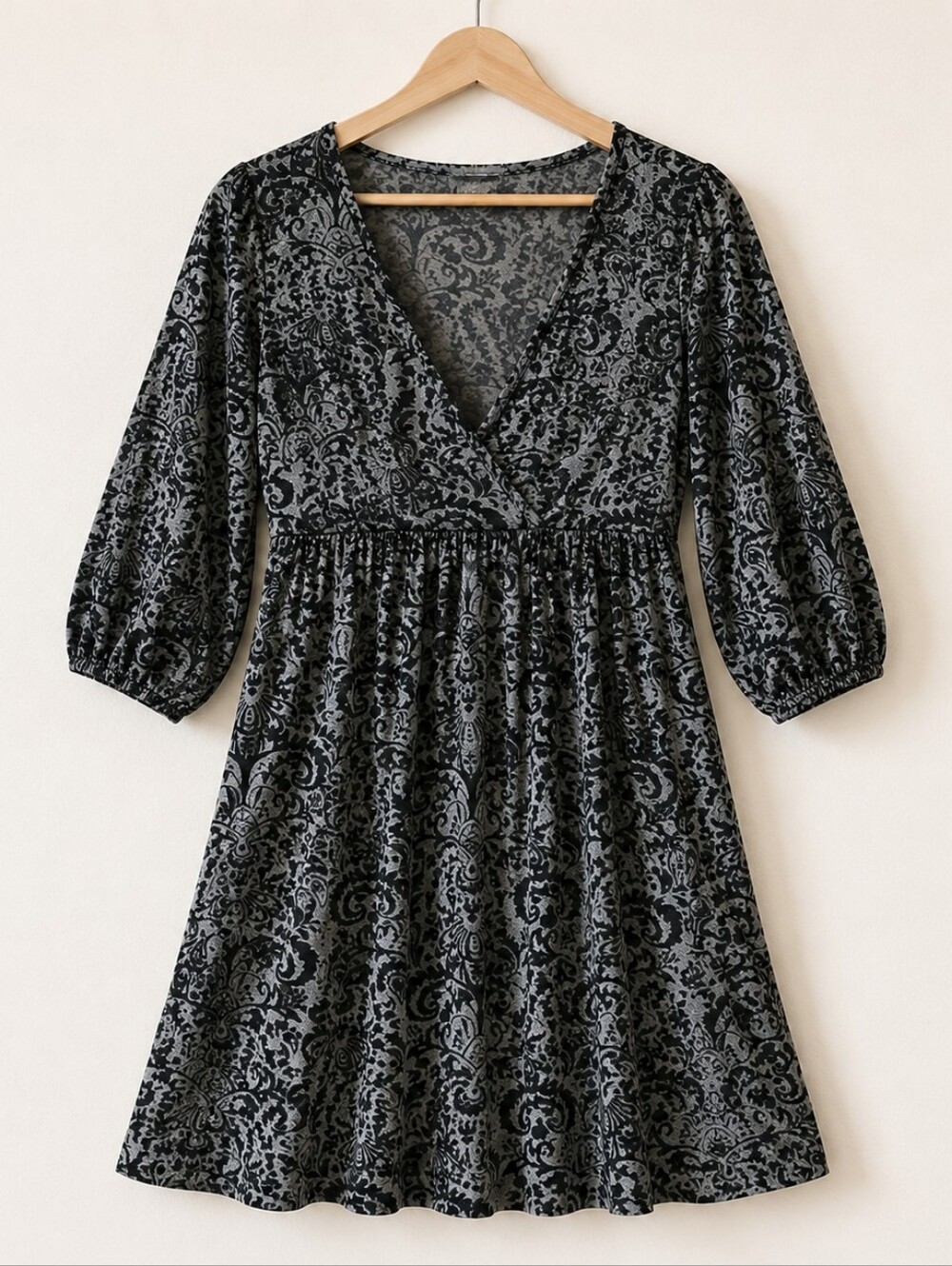 Women's Black and Gray Long Sleeve Empire-Waist Dress
